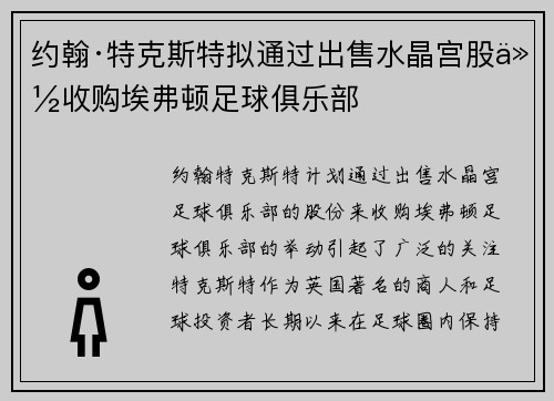 约翰·特克斯特拟通过出售水晶宫股份收购埃弗顿足球俱乐部