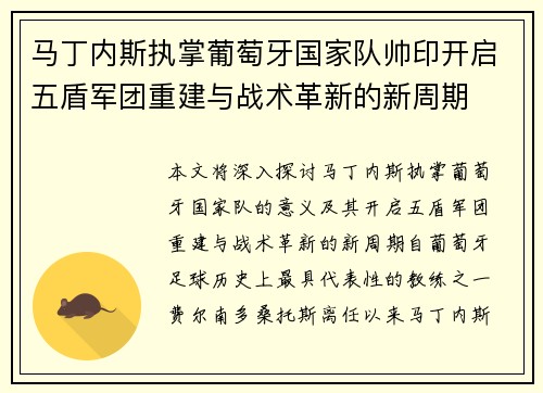 马丁内斯执掌葡萄牙国家队帅印开启五盾军团重建与战术革新的新周期