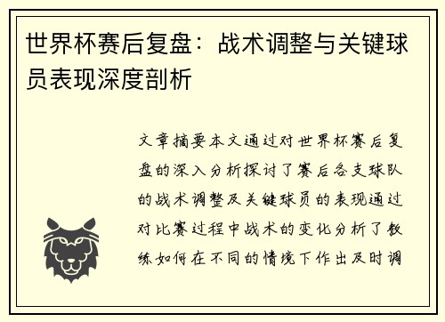 世界杯赛后复盘：战术调整与关键球员表现深度剖析